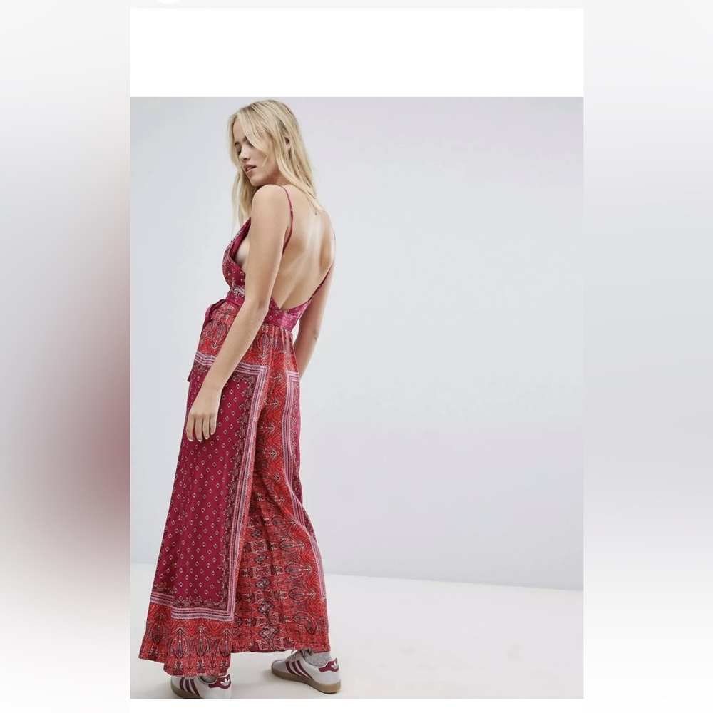Free People Cabbage Rose Jumpsuit Size 4 Wrap Top Waist Tie Satin Wide leg 4